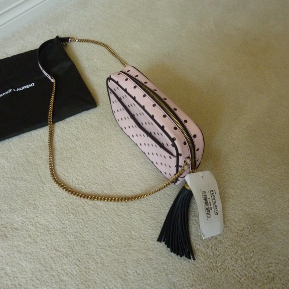 SAINT LAURENT YSL Mini 'Lou' Logo Polka Dot Pattern Leather Crossbody Bag (Pink) - Picture 9 of 12